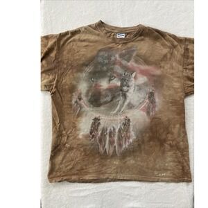 Gildan Mens XL T-Shirt Brown Tie Dye Wolf American Flag Dreamcatcher Graphic Tee